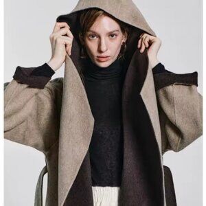100% Wool Coat – Women’s Long Two-Tone Wool Wrap Coat Oat & Brown